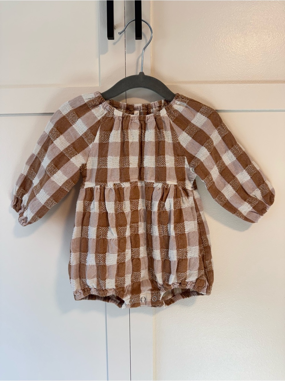 Riley + Cru Cinnamon Brown Checkered Bubble Romper Size 6-12 Months